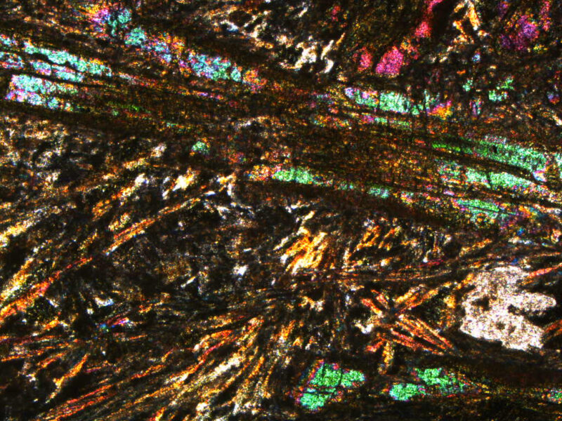 Komatiite with relic clinopyroxene spinifex needles, Sulphur Springs Group (3.24 Ga old)
