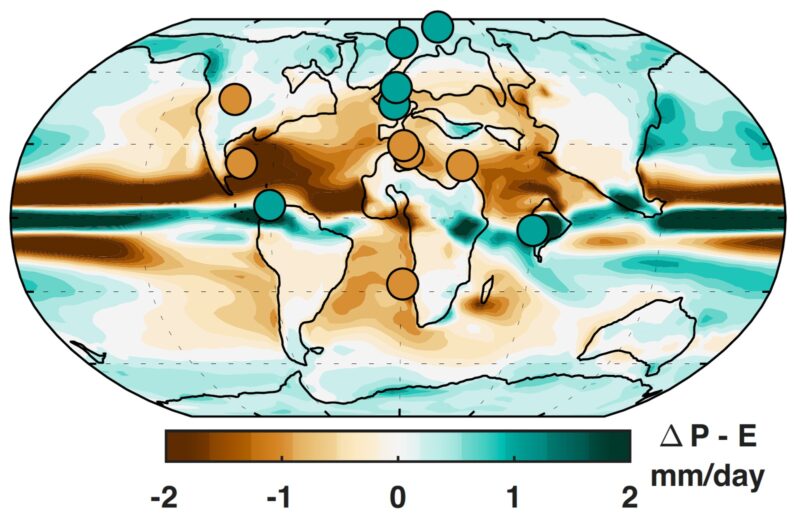 Global map of rainfall change due to warming 56 million years ago: green = wetter, brown = drier