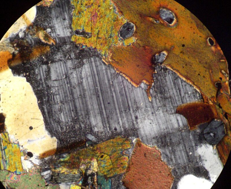 Thin section microscope view of finely-striped gray crystal, surrounded by brown-olive green, white and pale yellow crystals. Color and striping the result of polarized light.